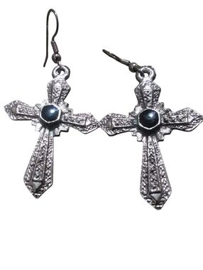 Vintage Gothic Cross Dangle Earrings Silver Tone Black Cabochon Western Statemen
